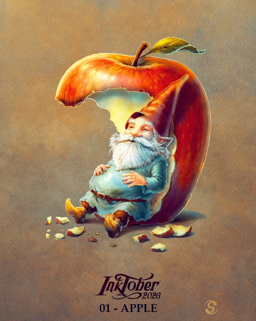 Un lutin gourmand assis sur une pomme qu'il a bien dévoré
